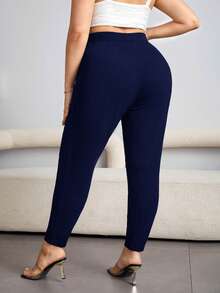 SHEIN Essnce 大码女式纯色口袋褶皱休闲裤 - 藏蓝色 - 查看 2