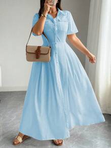 Elenzga Vestido camisero de talla grande con manga corta, cuello y abotonadura sencilla hasta la mitad del muslo, en estilo francés. Vestidos de verano elegantes para mujeres, vestidos de trabajo y cumpleaños, ropa de verano para mujeres - Azul - Ver 5