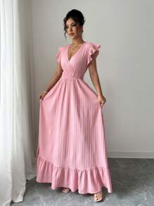 Breezaya 女士纯色荷叶边下摆长款度假海滩装连衣裙 - 粉色 - 查看 7