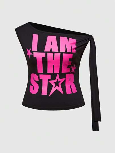 J-Fashion Y2K Style Slogan & Star Print Asymmetrical Neck Tie Strap Plus Size Women Top