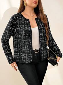 SHEIN Clasi 大尺碼優雅印花短外套，對比色邊緣，秋冬季節 - 黑與白 - 查看 6