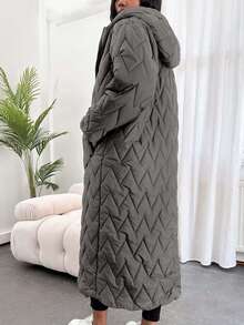 EURMUSE Women's Solid Color Long Sleeve Zipper Front Drawstring Waist Hooded Winter Coat - Grey - View 2