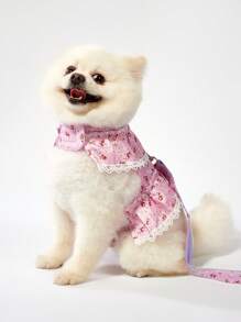 PETSIN Arnês Elegante de Princesa Estilo Dupla Camada com Design de Flor Franzida em Tom Lilás, Adequado para Primavera/Verão, Com Guia Acoplada - Multicolorido - Visão 3