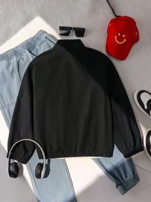 Tween Boy Contrast Color Half-Zip Up Casual Long Sleeve Jacket With Fashionable Letter Print - Black and White - View 2