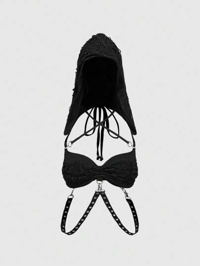 Grunge Punk Canotta con cappuccio in tessuto usurato futuristico, con occhielli in metallo