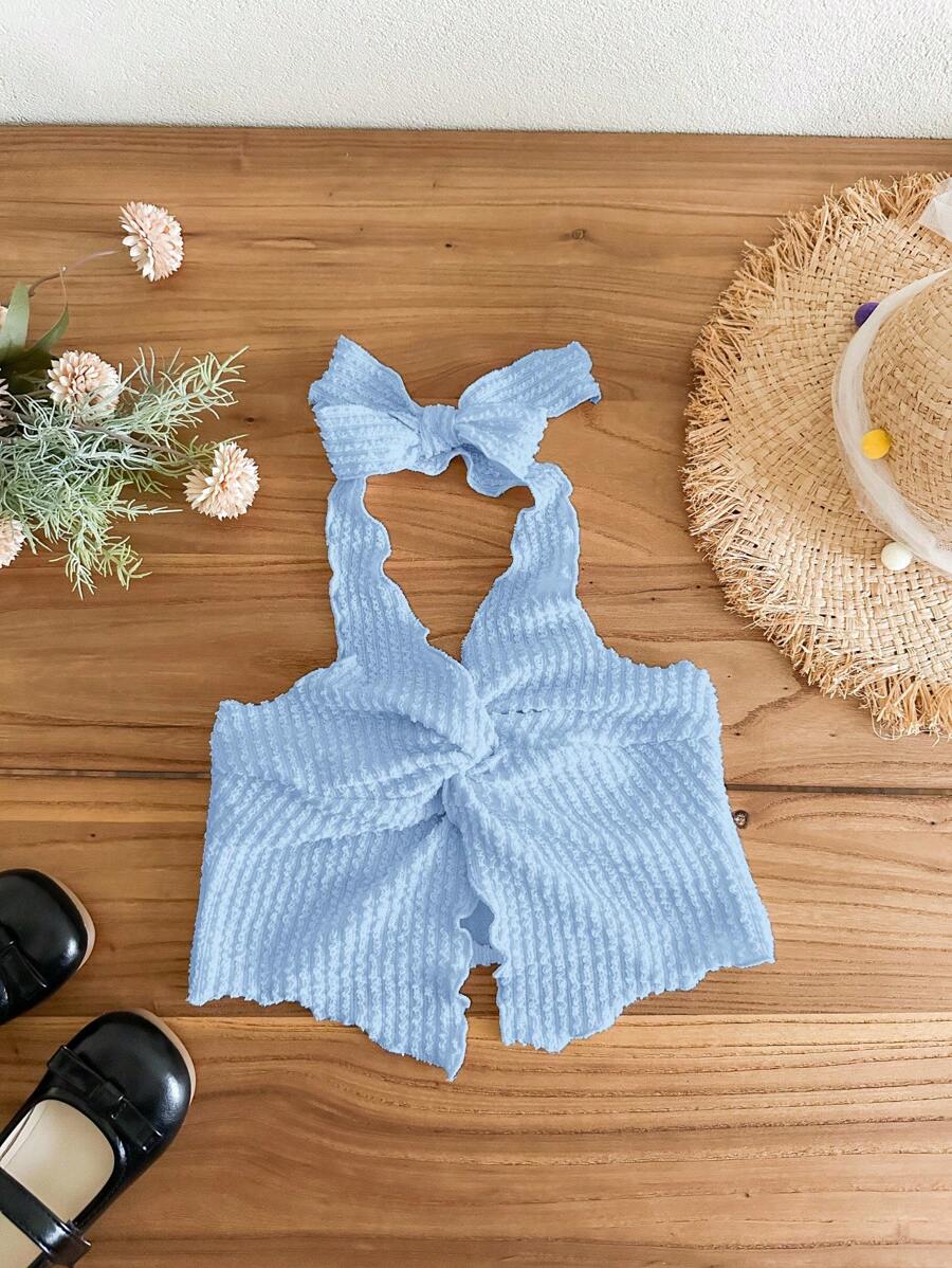 SHEIN LMoss Kids Atasan Camisole Rajut Warna Polos Kasual Modis untuk Anak Perempuan - Biru - View 1
