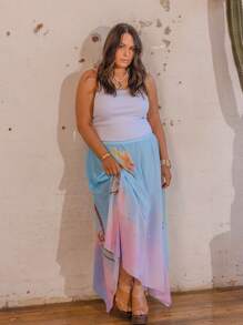 Aralina Plus Size Curve Printed Gradient Flowing Spliced Asymmetrical Hem Vacation Women Maxi Skirt - Multicolor - View 5