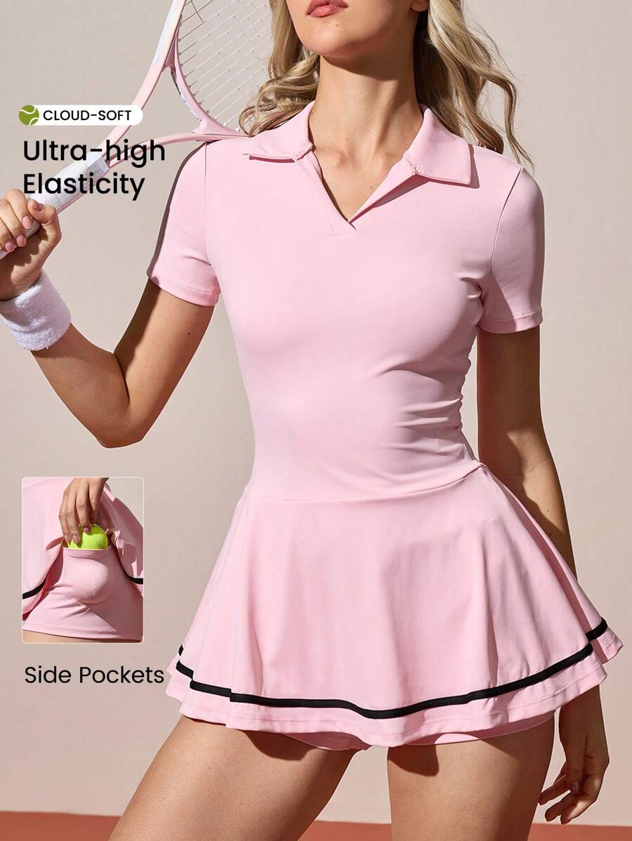 CourtClass Women's Contrast Color V-Neck Short Sleeve Sports Dress Tennis Dress Women Golf Outfit Women Clothing Athletic Women Active Sets Workout Top Women Women Clothing Exercise - Pink - View 1