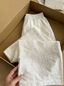 INAWLY Lace Hollow Out Embroidered Solid Color Sweet Vacation Pants Fall Cloth For Women - White - View 2