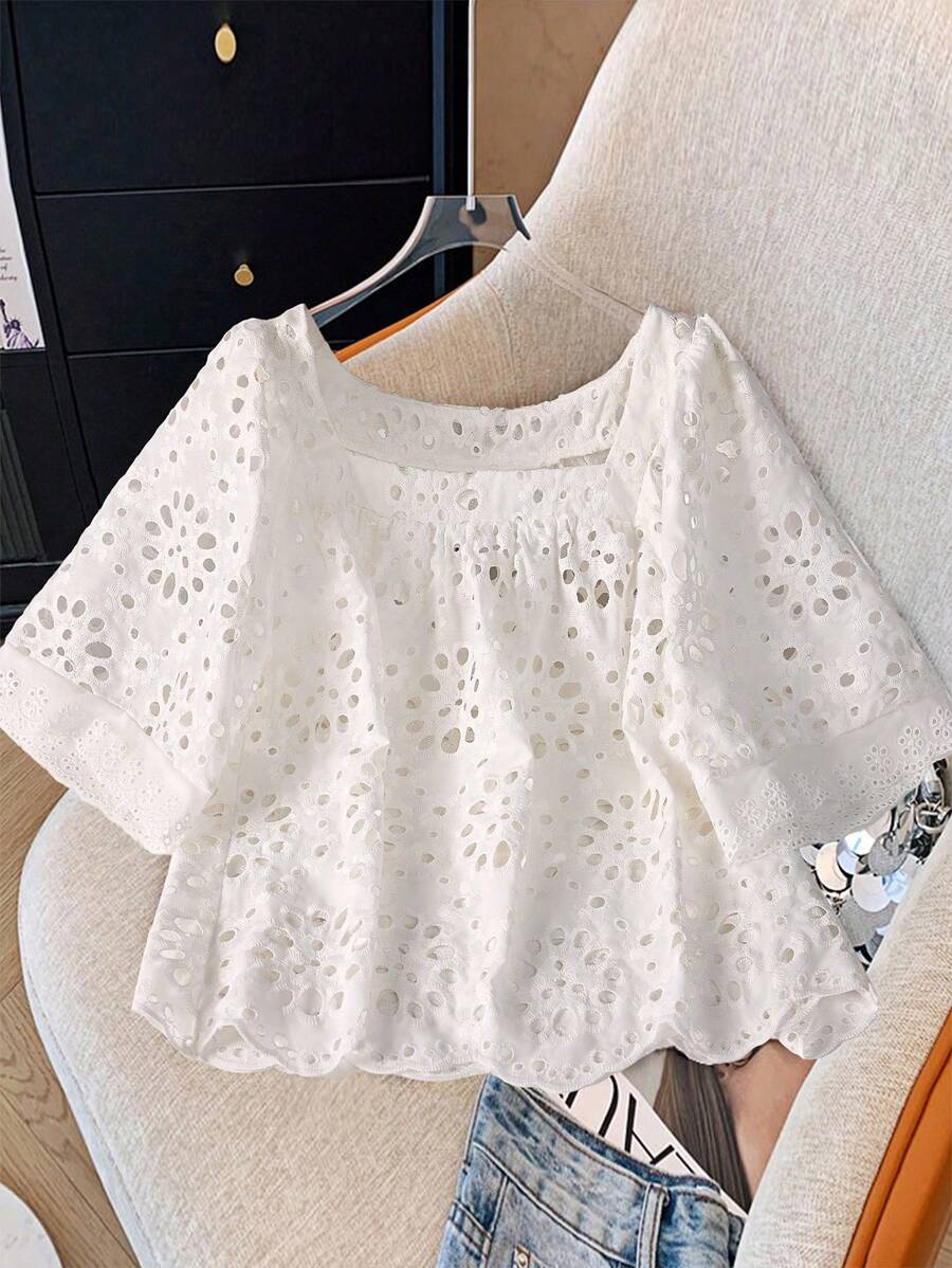 SHEIN Clasi 女士夏季休闲棉质网眼刺绣宽松衬衫 - 白色 - 查看 1