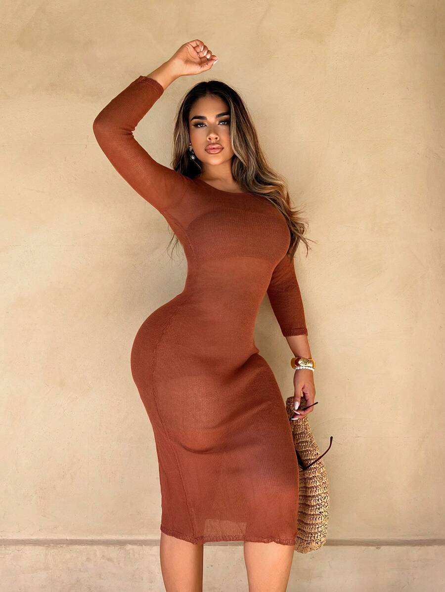 Zolique Women's Solid Color Round Neck 3/4 Sleeve Tie-Back Form-Fitting Long Dress Fall Cloth For Women