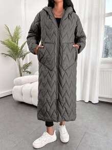 EURMUSE Women's Solid Color Long Sleeve Zipper Front Drawstring Waist Hooded Winter Coat - Grey - View 4