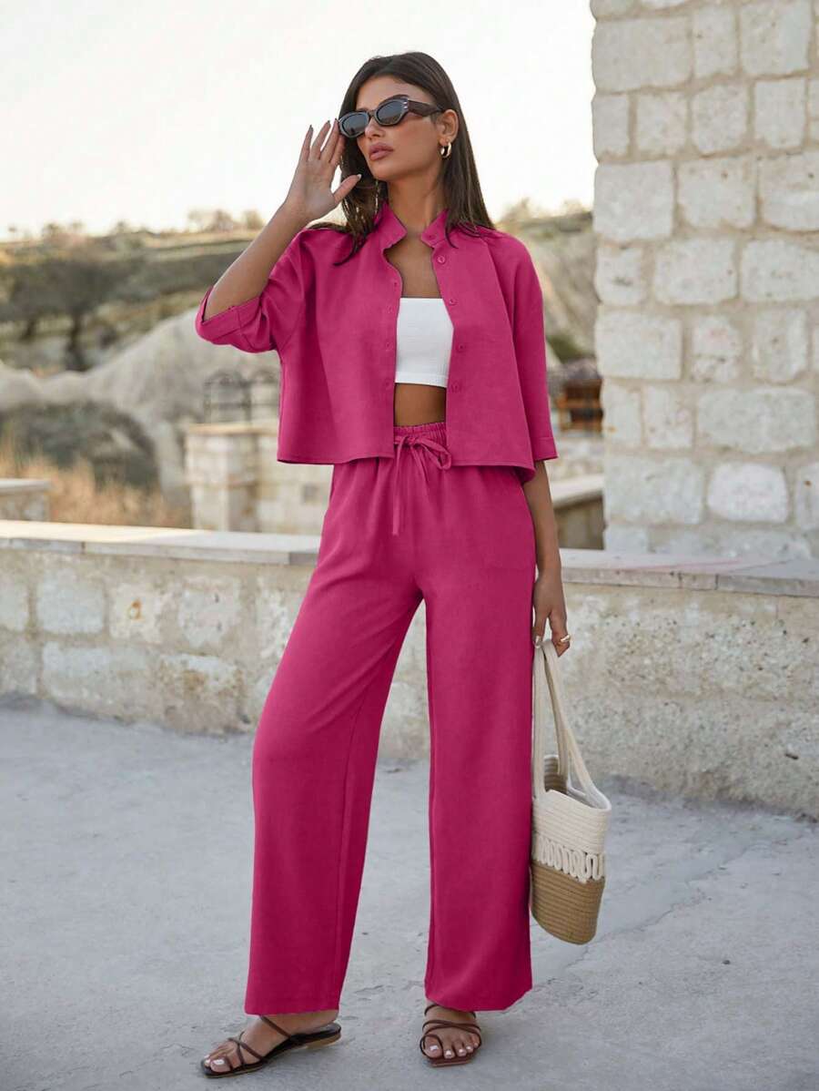 EURMUSE 女士棉质短款衬衫和高腰裤套装 - 玫紅色 - 查看 1