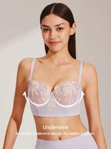 LUVLETTE 女人刺绣优雅内衣透气半罩杯文胸钢圈性感无衬里网眼蕾丝紫色束身衣缩小长线文胸新娘内衣 - 紫色 - 查看 6