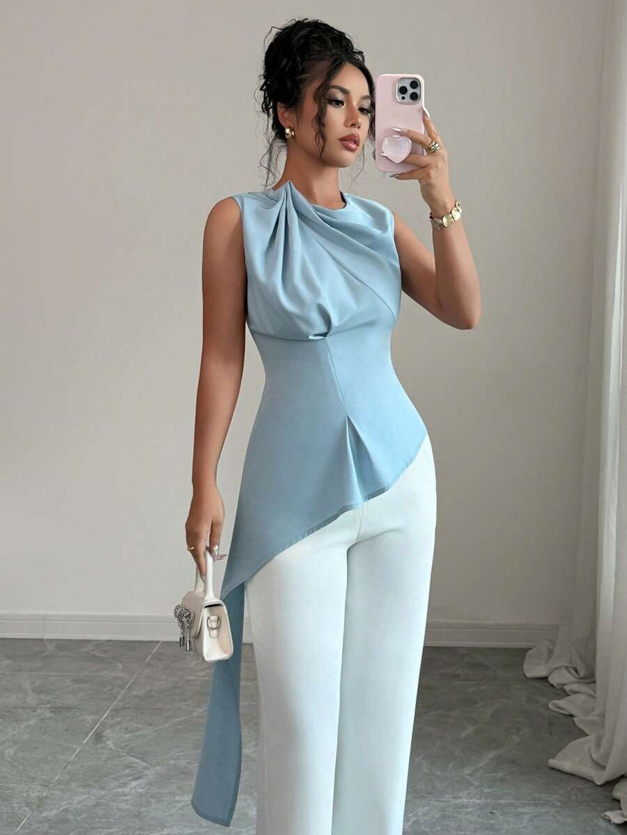 Elenzga 女士优雅褶皱设计无袖上衣，夏季百搭衬衫