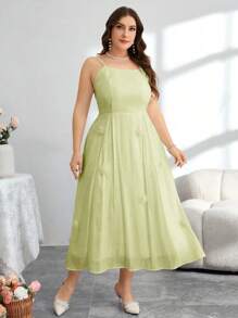 Modelyn Women 2Pcs Set: Chiffon Short Sleeve Tie Strap Jacket + Floral Decor Camisole Dress, French Elegant Style - Green - View 4