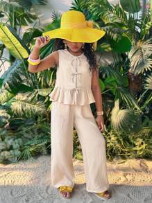 青少年女孩纹理梭织面料系带蝴蝶结无袖衬衫和阔腿裤两件套 - 杏色 - 查看 5