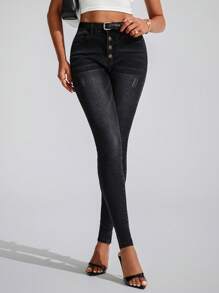 SHEIN Tall Women's Mid-Waisted Multibutton Distressed Skinny Jeans - Black - View 6