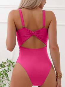 Swim Basics 女士纯色扭纹褶饰连体泳衣，适合度假穿着 - 玫紅色 - 查看 2