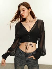 INAWLY Women's Waist Gathered Semi-Sheer Top Fall Cloth For Women - Black - View 2
