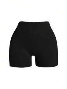 SHEIN Velisys 2 piezas Pantalones cortos deportivos de mujer de cintura alta y color liso para hacer ejercicio - Negro - Ver 3
