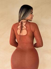 Zolique Women's Solid Color Round Neck 3/4 Sleeve Tie-Back Form-Fitting Long Dress Fall Cloth For Women