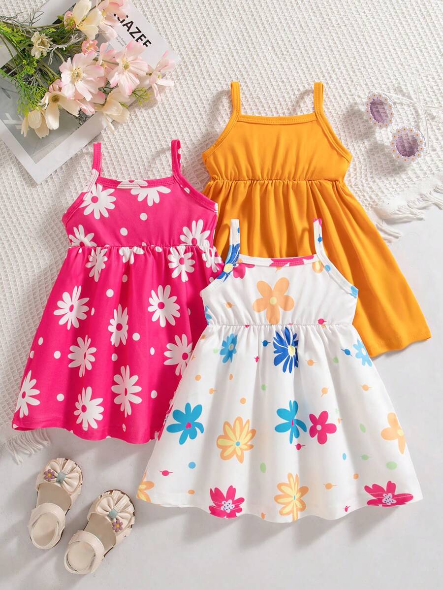 SHEIN Playful Pals Bộ 3 váy liền thân in họa tiết hoa mùa hè mới cho bé gái & váy trơn màu, váy dễ thương phong cách đồng quê - Nhiều màu - Xem 1