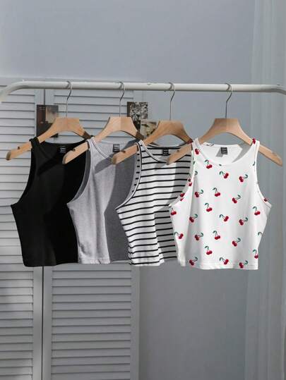 SHEIN EZwear Women's 4 Piece Set: Black & White Striped, Holiday Cherry Casual All-Match Versatile Sexy Camisole Vest Top For Summer Back To School