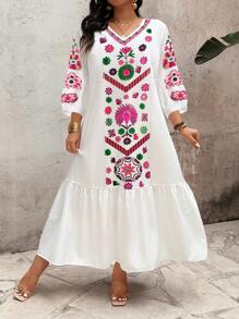 SHEIN LUNE Plus Size Casual Vacation Style Floral V-Neck Dress - Multicolor - View 1