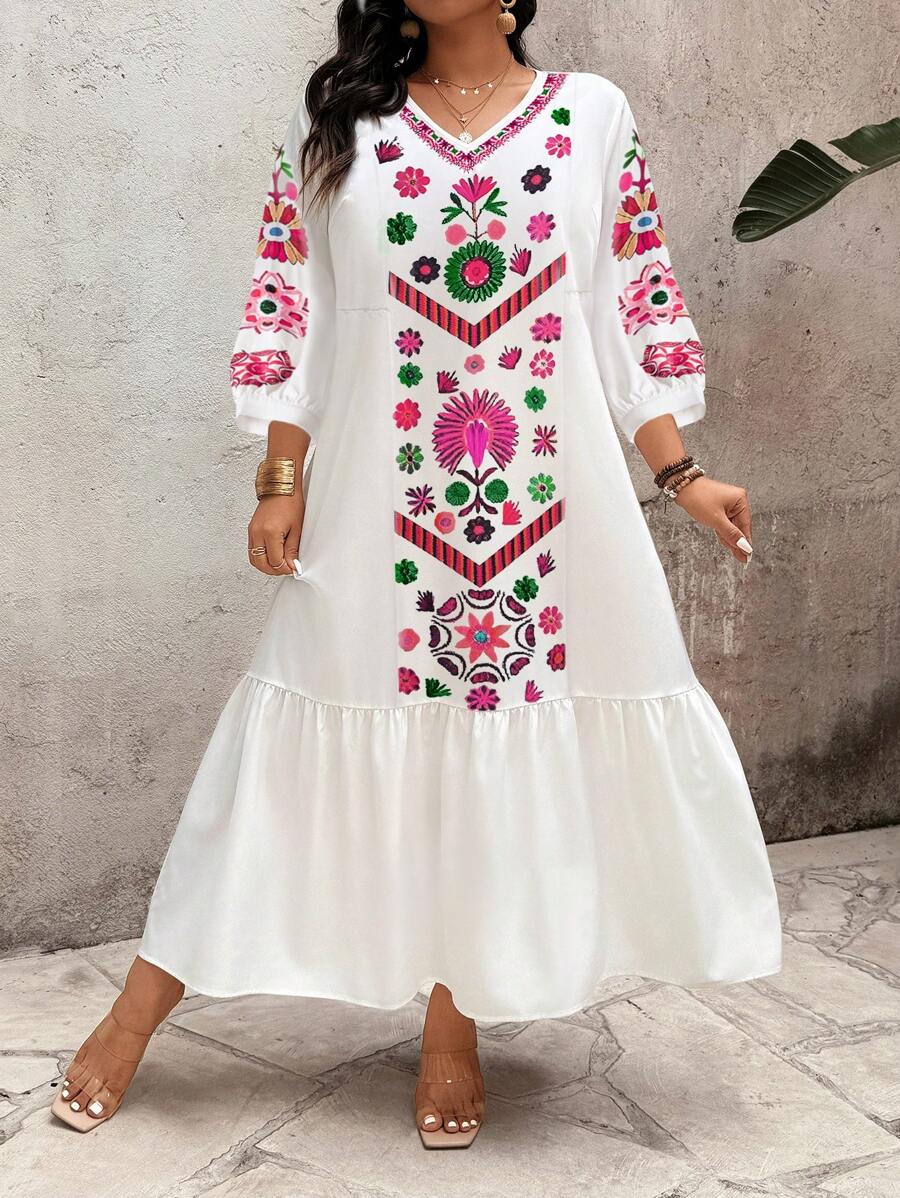 SHEIN LUNE Plus Size Casual Vacation Style Floral V-Neck Dress - Multicolor - View 1