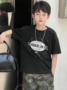 DAZY Camiseta de manga corta de cuello redondo con estampado de letras informal para niños preadolescentes, ropa de verano y de vuelta al colegio