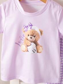 SHEIN 2件組女嬰幼兒新生兒0-3歲休閒可愛熊圖案短袖T恤與長褲套裝，春/夏 - 紫色 - 查看 6