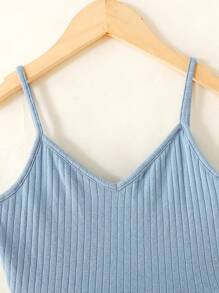 SHEIN 少女纯色针织罗纹吊带背心，休闲款 - 藍色 - 查看 4