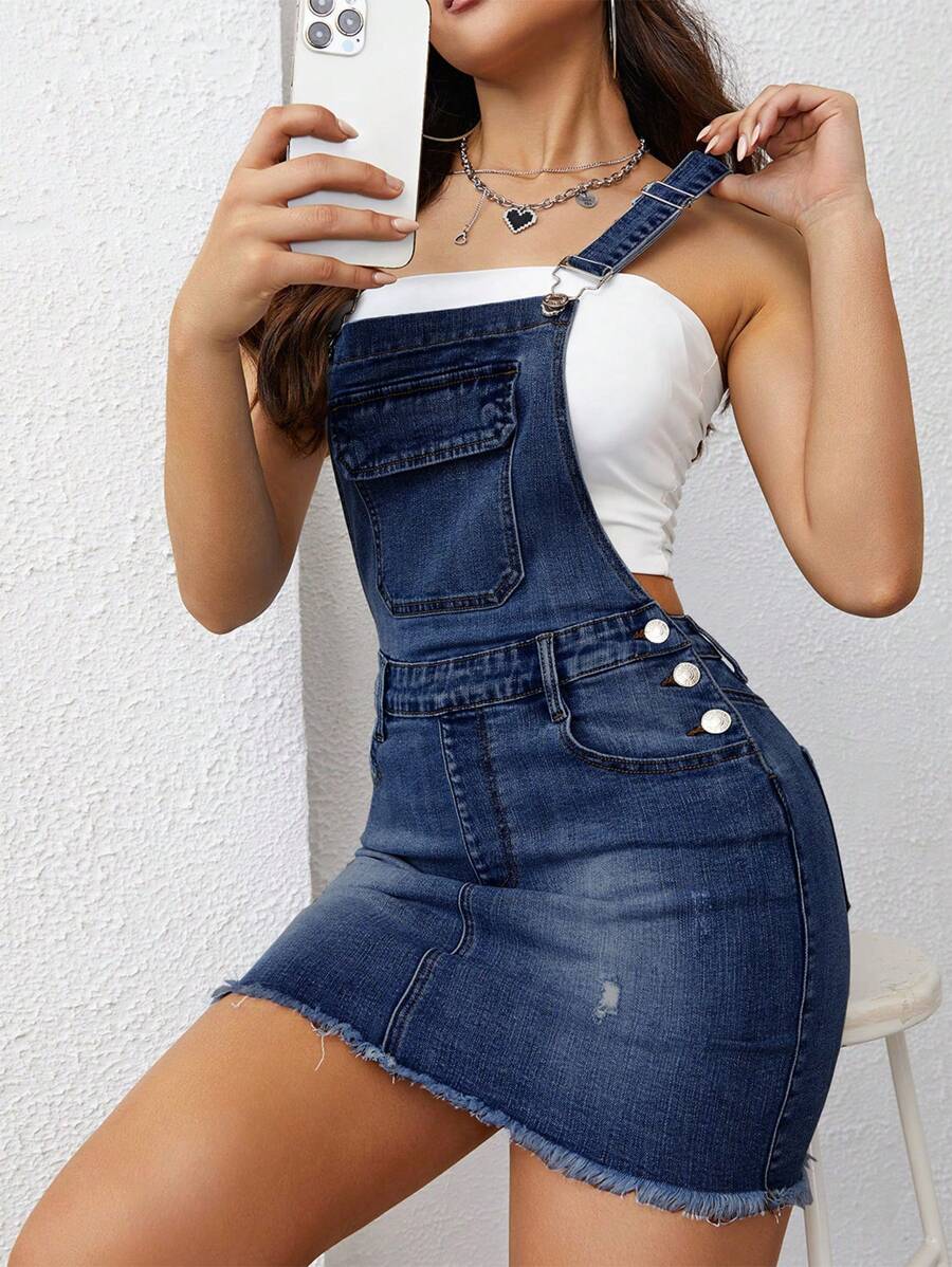 SHEIN Tall 女式休闲高街纽扣设计口袋牛仔连体裤 - 深色水洗藍 - 查看 1