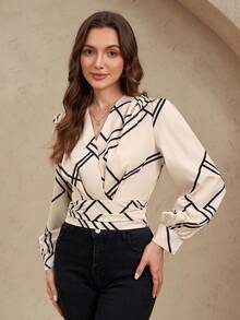 EMERY ROSE V-Neck Long Sleeve Pleated All-Over Print Casual Blouse (Random Floral),Long Sleeve Tops - Apricot - View 3