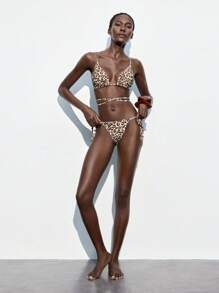 Maija Women's Summer Beach Leopard Print Criss-Cross Sexy Bikini Set - Khaki - View 4