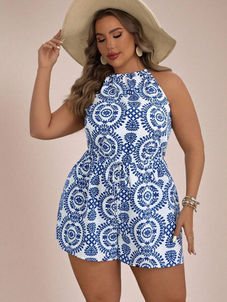 SHEIN VCAY Mono casual con estampado de plantas para vacaciones de verano de mujer talla grande con cuello halter - Multicolor - Ver 1