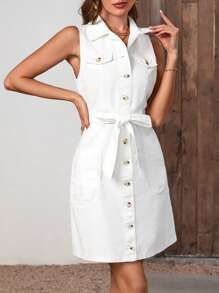 Selenza Vestido camisero mezclilla con diseño de solapa con cinturón