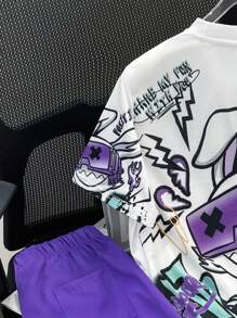SHEIN Tween Boy Streetwear 圆领短袖 T 恤和短裤两件套 - 紫色 - 查看 6