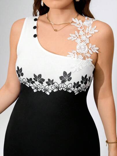 SHEIN Clasi Vestidos de mujer talla grande con bloques de color y encaje, para uso diario elegante, vestidos de mujer elegantes para primavera y verano, vestidos románticos, vestidos de verano para mujer, vestidos elegantes de mujer para primavera