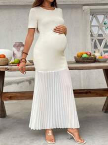 SHEIN Pregnant Women Round Neck Splice Pleated Casual Short Sleeve Midi Dress, Summer - Khaki - View 3