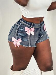 SHEIN Tall Women's Skinny Distressed Stretch Jeans With Bow, Blue Shorts For Summer