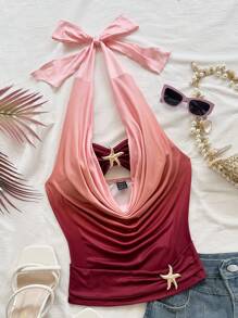 Soleia 女士扎染渐变印花露肩迷你连衣裙，镂空褶饰紧身胸衣，饰有金属海星装饰，修身剪裁，适合度假、约会、下午茶、海滩、游轮、公路旅行、音乐节、波西米亚风格，四季皆宜