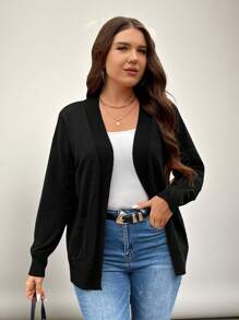 SHEIN LUNE Plus Solid Dual Pocket Cardigan For Spring & Autumn, For Winter