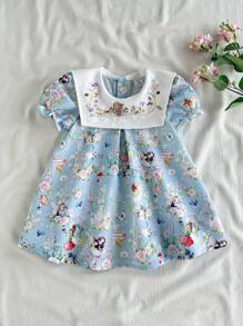 SHEIN Vintaside Kids Đầm phong cách đồng quê thanh lịch dễ thương thời trang cho bé gái/bé gái mùa xuân/hè dễ thương - Màu xanh lam - Xem 1