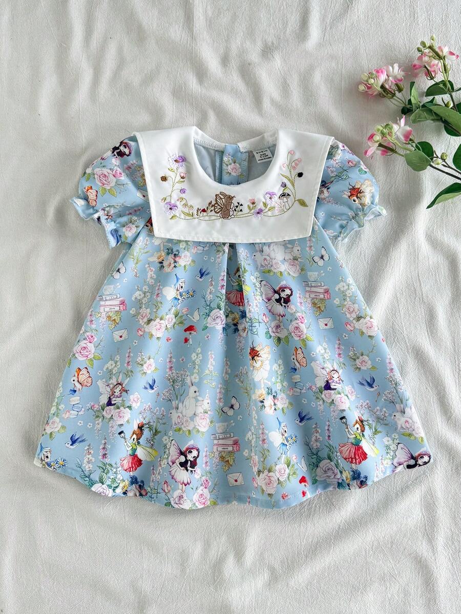 SHEIN Vintaside Kids Đầm phong cách đồng quê thanh lịch dễ thương thời trang cho bé gái/bé gái mùa xuân/hè dễ thương - Màu xanh lam - Xem 1