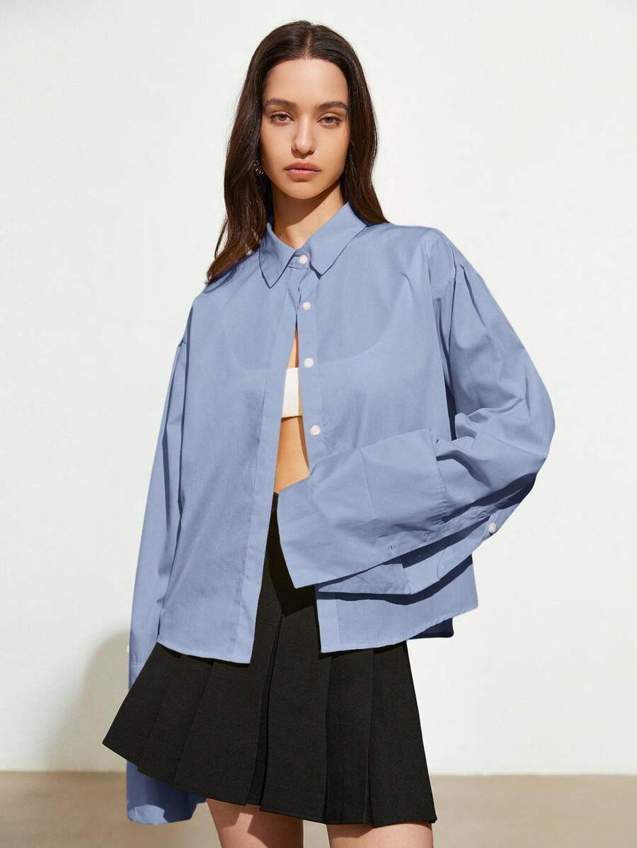 Aveloria GENKIRA Solid Color Casual Lapel Loose Flared Sleeve Women Long Sleeve Shirt Fall Cloth For Women - Baby Blue - View 1