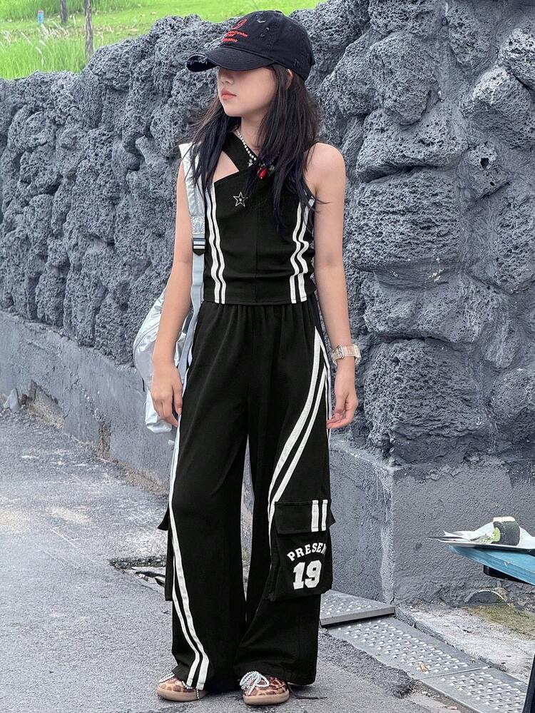 Korean Style New Tween Girl Girls 2pcs Summer Suit, Crop Halter Sleeveless T-Shirt And Casual Pants For Tween Girl