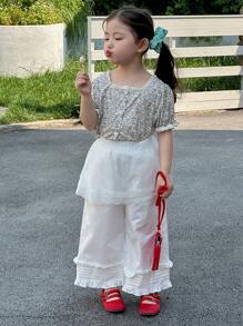 DAZY Young Girls Ditsy Floral Square Collar Short Sleeve Shirt + Long Pants 2-Piece Set, Fall Outfit - White - View 6