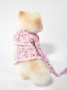 PETSIN Arnês Elegante de Princesa Estilo Dupla Camada com Design de Flor Franzida em Tom Lilás, Adequado para Primavera/Verão, Com Guia Acoplada - Multicolorido - Visão 1